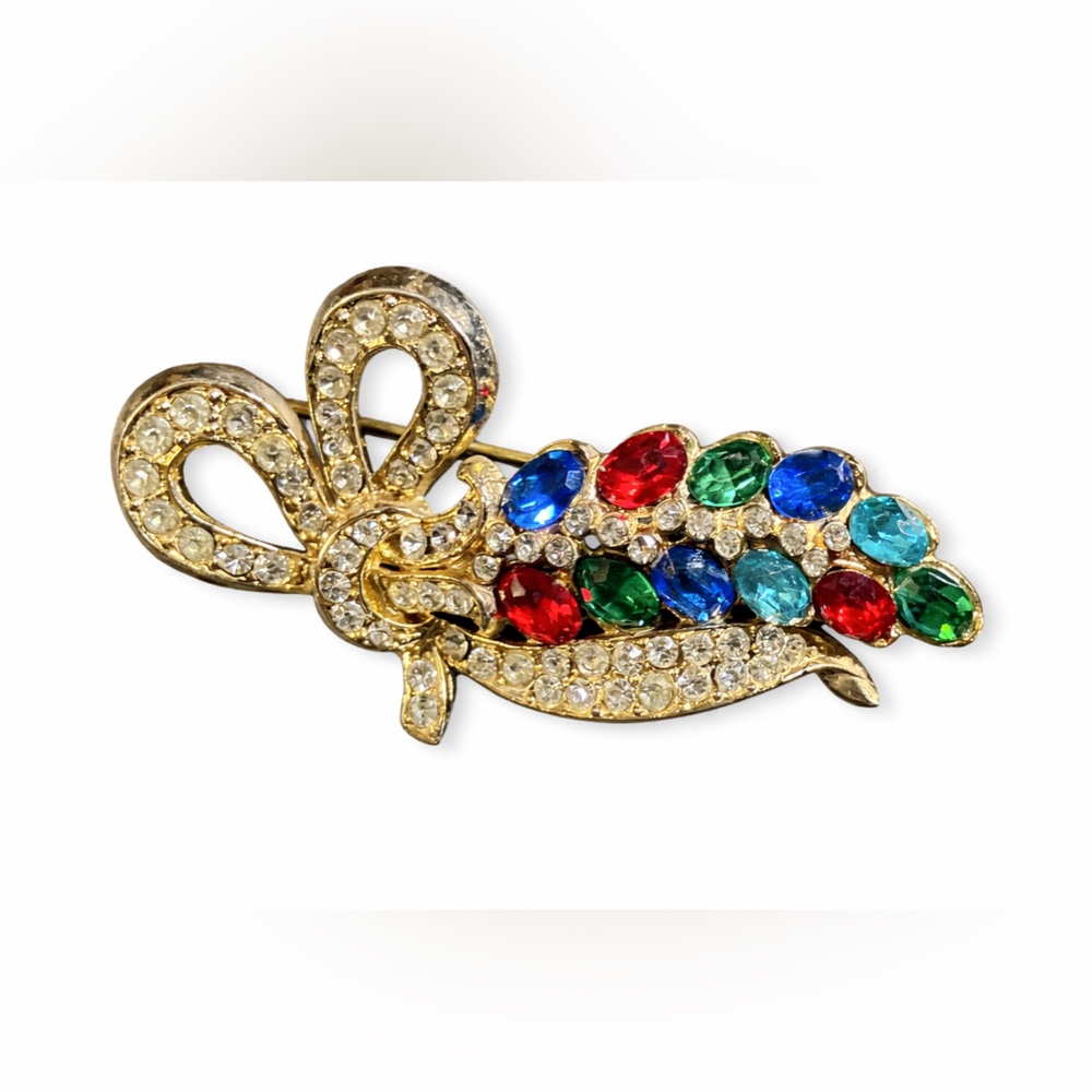 Vintage Mid-Century Jewel Tone Rhinestones Bow Brooch - Picture 2 of 5